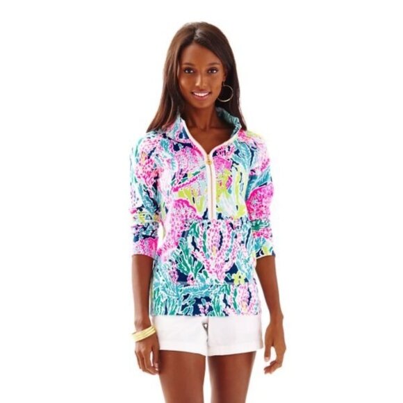 Lilly Pulitzer Skipper Popover Size M Let's Cha Cha Multicolor Print 1/2 Zip - Picture 2 of 13